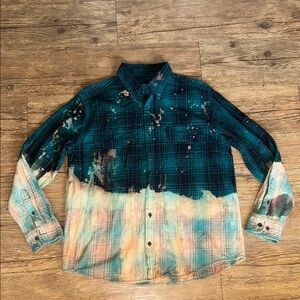 Faded Glory Men's Distressed Teal and Peach Plaid Shirt